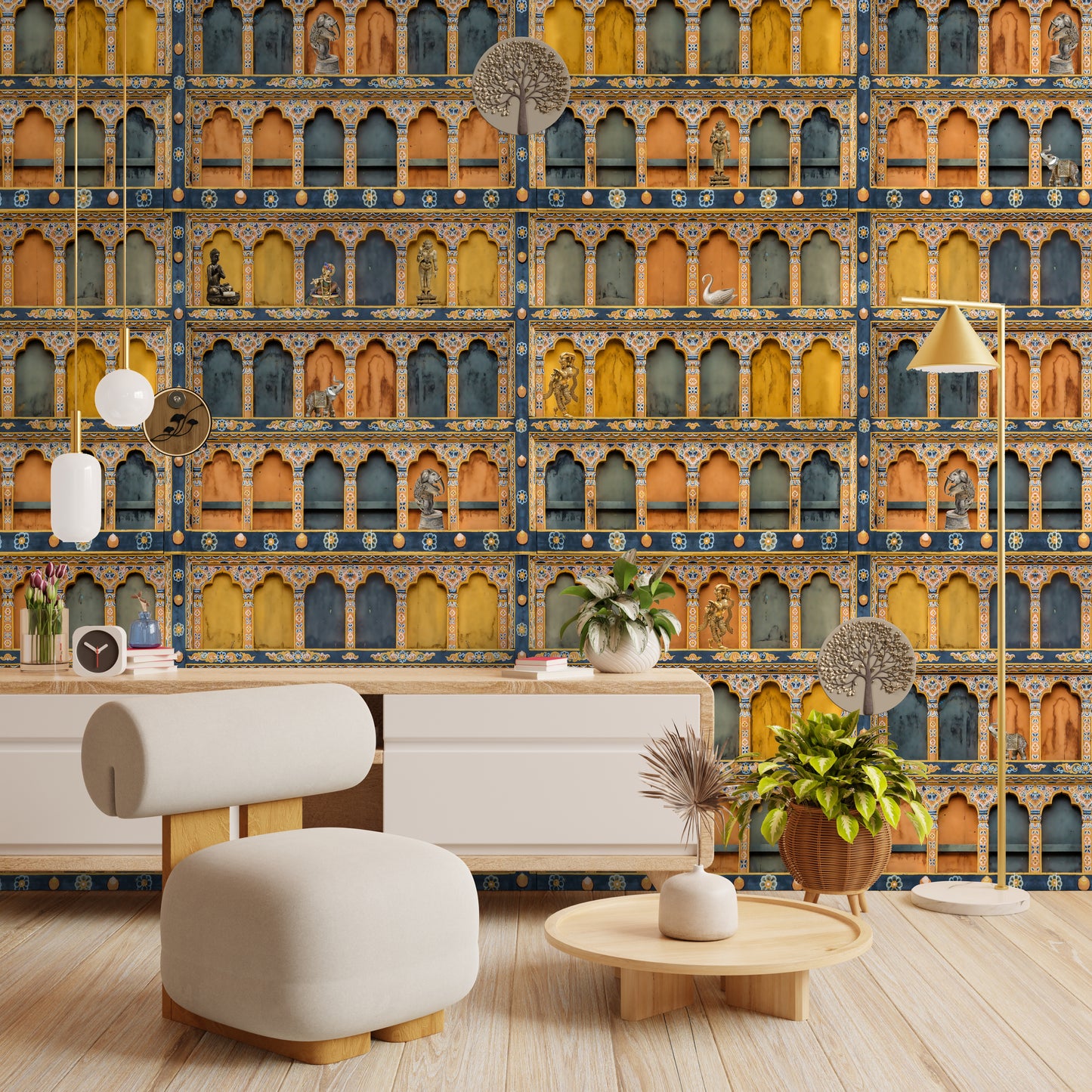 Handcrafted Jharokha Art Peel-and-Stick Wallpaper for Indian Elegance